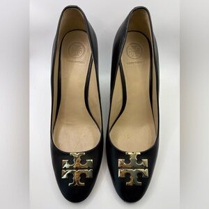 EUC Tory Burch Raleigh Wedge Black Heels with Gold Logo